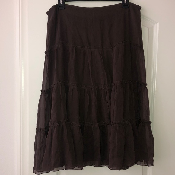 Express Brown Tiered A-Line Midi Skirt 100% Silk - Picture 7 of 8
